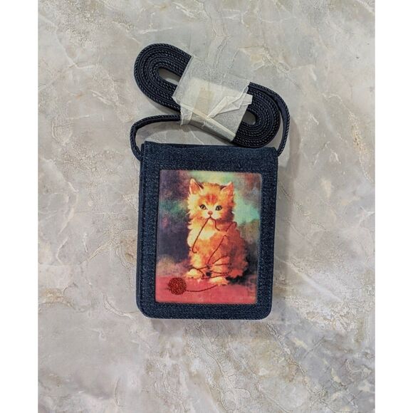 Unbranded Handbags - Denim wallet mini purse - Kitten and Shimmery Red 'Yarn' with removable strap